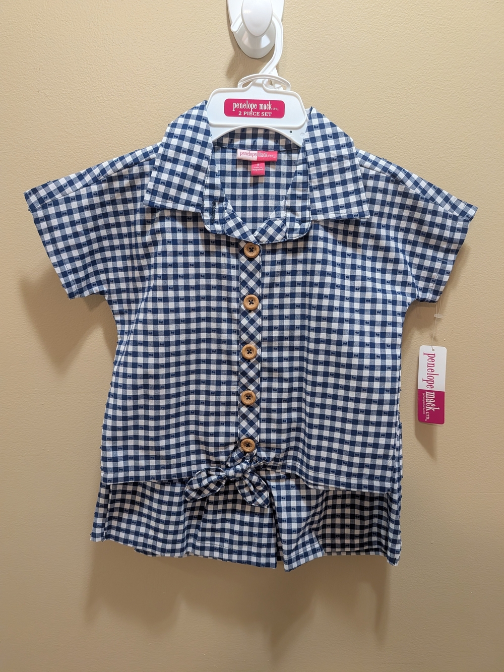 Penelope Mack Navy and White Gingham Button-Front Top with Tie